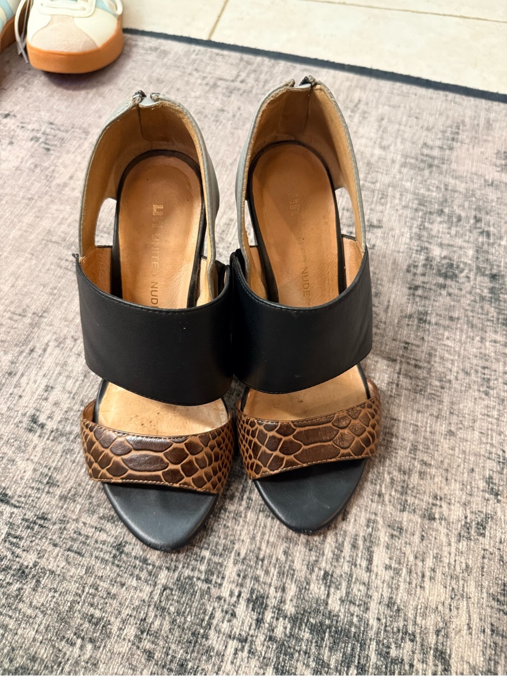 Leather Black and Brown Textured Open-Toe Heels